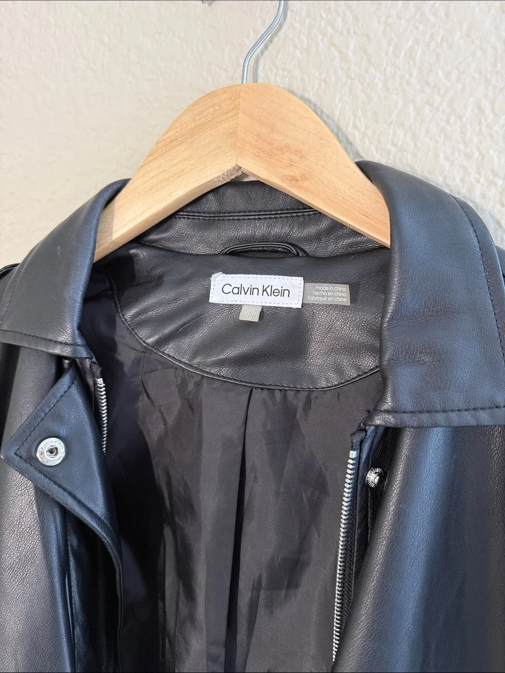 Calvin Klein Black Faux Leather Bomber Jacket with Snap Pockets